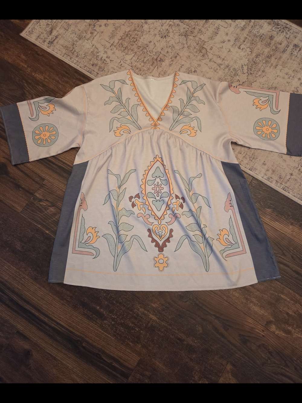 Source Unknown Cream Tunic with Blue Panels & Pastel Floral Embroidery